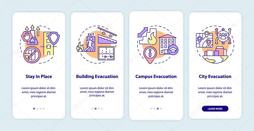 Evacuation types onboarding mobile app screen. Emergency service walkthrough 4 steps graphic instructions pages with linear concepts. UI, UX, GUI template. Myriad Pro-Bold, Regular fonts used