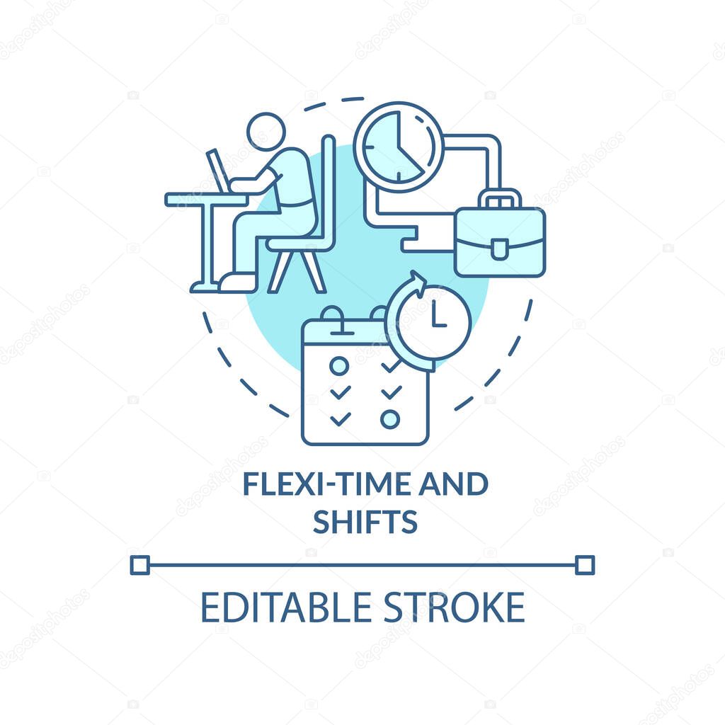 Flexi-time and shifts turquoise concept icon. Comfortable schedule abstract idea thin line illustration. Isolated outline drawing. Editable stroke. Roboto-Medium, Myriad Pro-Bold fonts used