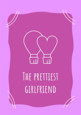 Lineer glyph ikonlu en güzel kız arkadaş mor kartpostalı. Dekoratif vektör tasarımlı tebrik kartı. Yaratıcı çizim illüstrasyonlu basit tarz poster. Tatil dileğiyle el ilanı