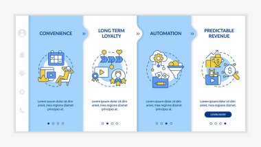 Üyelik tabanlı hizmetlerin mavi ve beyaz şablon üzerindeki faydaları. Doğrusal konsept simgeleriyle cevap veren mobil web sitesi. Web sayfasında 4 basamaklı ekranlar. Kullanılan Lato Kalın, Düzenli yazı tipleri