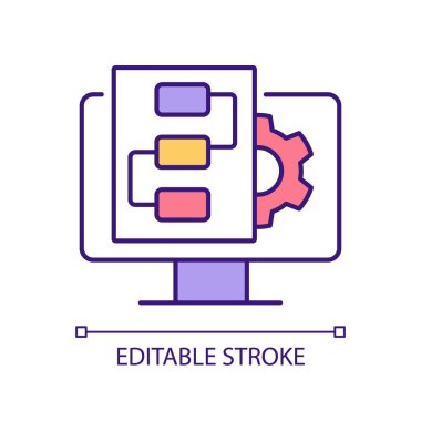 Üretim kontrolü uzaktan RGB renk simgesi. Operasyonlar optimize ediliyor. Endüstriyel işlerin uzaktan izlenmesi. İzole vektör çizimi. Basit bir çizgi çizimi. Düzenlenebilir felç. Kullanılan Arial yazı tipi