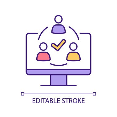 Uzaktan takım işbirliği RGB renk simgesi. Video konferans platformu. Çevrimiçi iletişim kuruyorum. İzole vektör çizimi. Basit bir çizgi çizimi. Düzenlenebilir felç. Kullanılan Arial yazı tipi