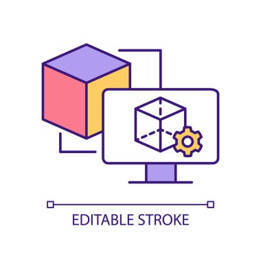 Ürün geliştirmede dijital ikiz RGB renk simgesi. Fiziksel varlığın sanal kopyası. İşlem gelişimi. İzole vektör çizimi. Basit bir çizgi çizimi. Düzenlenebilir felç. Kullanılan Arial yazı tipi