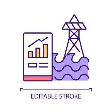 Su teknolojisi RGB renk simgesi. Hidroelektrik santrali. Uzaktan izleme. Ekonomik faydalar. İzole vektör çizimi. Basit bir çizgi çizimi. Düzenlenebilir felç. Kullanılan Arial yazı tipi