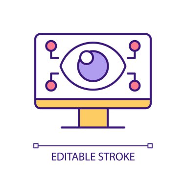 Tahmin teknolojisi RGB renk simgesi. Dijital ikiz simülasyonu. Öngörülebilir bakım. Analizi değiştirir. İzole vektör çizimi. Basit bir çizgi çizimi. Düzenlenebilir felç. Kullanılan Arial yazı tipi