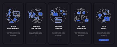 Mobil uygulama ekranında gece modundan kaçının. İpuçları, doğrusal kavramlarla dolu 5 adımlık grafik talimatları inceliyor. UI, UX, GUI şablonu. Kullanılan sayısız Pro-Kalın, Düzenli yazı tipleri