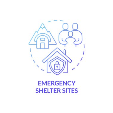 Acil durum sığınakları mavi gradyan konsept simgesi. İnsani yardım. Geçici konut fikri soyut ince çizgi çizimi. İzole bir taslak çizim. Kullanılan Roboto-Orta, Myriad Pro-Kalın yazı tipleri