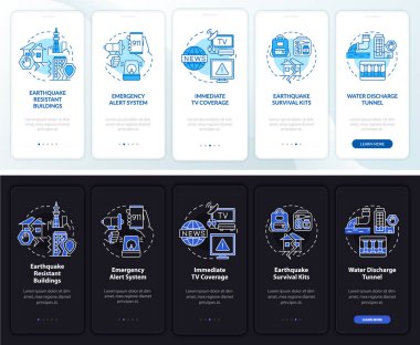 Mobil uygulama ekranında gece gündüz deprem hafifletici mod var. Çizgisel kavramlarla dolu 5 aşamalı grafik talimatları. UI, UX, GUI şablonu. Kullanılan sayısız Pro-Kalın, Düzenli yazı tipleri