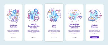Mobil uygulama ekranında takım çalışmasını geliştirmenin yolları. Şirket stratejisi 5 aşamalı grafik talimatı sayfaları doğrusal kavramlarla birlikte. UI, UX, GUI şablonu. Kullanılan sayısız Pro-Kalın, Düzenli yazı tipleri