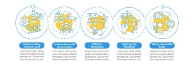 Takım çalışması mavi çember bilgi şablonunu değiştirir. Şirket işleri. Veri görselleştirmesi 5 adımda. İşlem zaman çizelgesi bilgi şeması. Satır simgeleriyle çalışma akışı düzeni. Kullanılan sayısız Pro-Kalın, Düzenli yazı tipleri