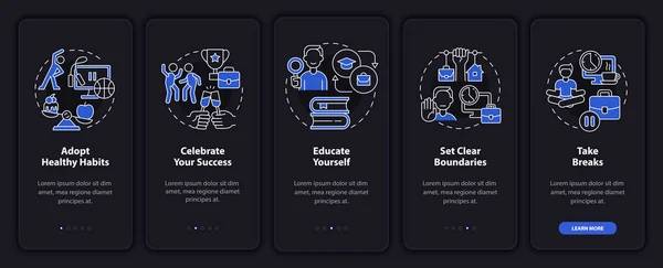 Werkplekangst Voorkomen Nachtmodus Onboarding Mobiele App Scherm Tips Walkthrough Stappen — Stockvector