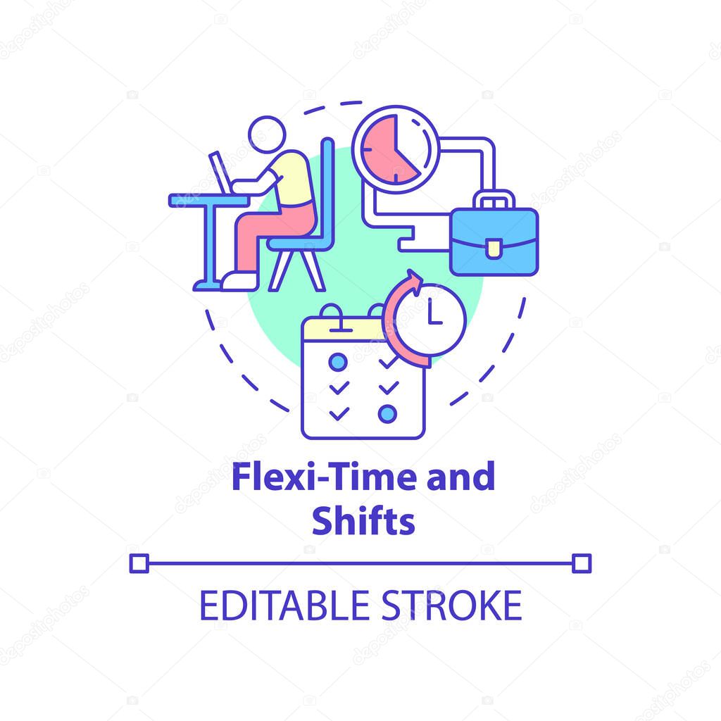 Flexi-time and shifts concept icon. Comfortable schedule for employees abstract idea thin line illustration. Isolated outline drawing. Editable stroke. Roboto-Medium, Myriad Pro-Bold fonts used