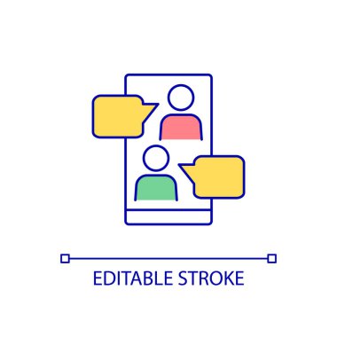 Anında mesajlaşma uygulaması RGB renk simgesi. İletişim için mobil uygulama. Gerçek zamanlı mesajlaşma. Uygulama kullanıcıları. İzole vektör çizimi. Basit bir çizgi çizimi. Düzenlenebilir felç. Kullanılan Arial yazı tipi