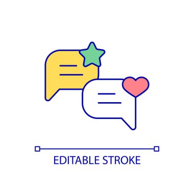 Mesaj baloncukları RGB renk simgesi. Özel emojiler ve rozetler. Çevrimiçi konuşma. Gerçek zamanlı iletişim. İzole vektör çizimi. Basit bir çizgi çizimi. Düzenlenebilir felç. Kullanılan Arial yazı tipi