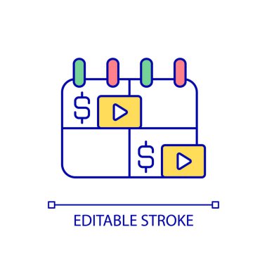 Düzenli içerik dağılımı RGB renk simgesi. Abonelik modeli. Aylık ödeme. Medyanın para kazanması. İzole vektör çizimi. Basit bir çizgi çizimi. Düzenlenebilir felç. Kullanılan Arial yazı tipi
