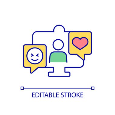 Canlı yayın RGB renk simgesi. İnternette gerçek zamanlı video yayını. Canlı sohbet erişimi. Abonelik modeli. İzole vektör çizimi. Basit bir çizgi çizimi. Düzenlenebilir felç. Kullanılan Arial yazı tipi