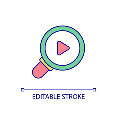 İçerik RGB renk simgesi aranıyor. Büyüteç. Video oynatıcı. Eğlence platformu. İzole vektör çizimi. Basit bir çizgi çizimi. Düzenlenebilir felç. Kullanılan Arial yazı tipi