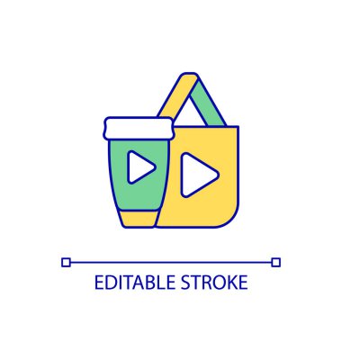 RGB renk simgesi satan bir mal. İçerik parasallaşması. Kahve fincanı ve alışveriş çantası. Marka tanıtım ürünü. İzole vektör çizimi. Basit bir çizgi çizimi. Düzenlenebilir felç. Kullanılan Arial yazı tipi