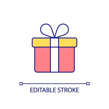 Hediye RGB renk simgesi. Doğum günü ve yıldönümü hediyesi. Selamlar ve tebrikler. Kutlama paketi. İzole vektör çizimi. Basit bir çizgi çizimi. Düzenlenebilir felç. Kullanılan Arial yazı tipi