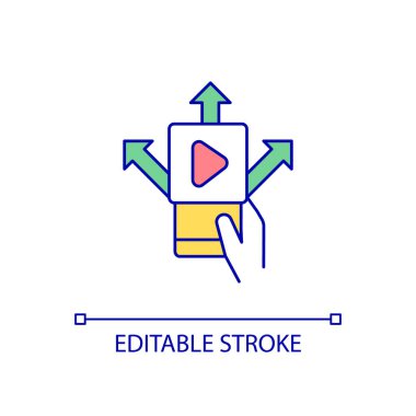 İçerik RGB renk simgesi paylaşılıyor. Sosyal medyada medyayı dağıtın. Multimedya dağıtımı. İzole vektör çizimi. Basit bir çizgi çizimi. Düzenlenebilir felç. Kullanılan Arial yazı tipi