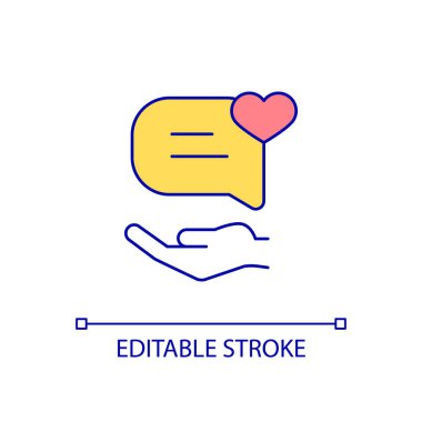 Olumlu yorum RGB renk simgesi bırakın. Geribildirim ve görüşü takip edin. İnternetten eleştiri yaz. Sosyal medya. İzole vektör çizimi. Basit bir çizgi çizimi. Düzenlenebilir felç. Kullanılan Arial yazı tipi