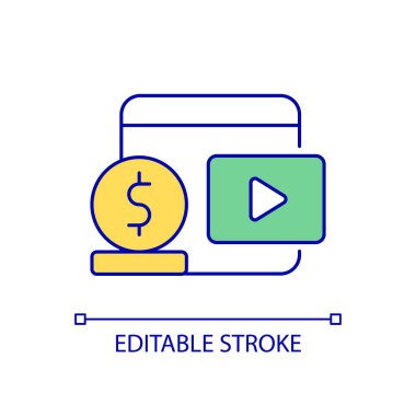 Video içeriği RGB renk simgesi al. Eğitim ve eğlence videosu. Medya için ödenmiş bir platform. İzole vektör çizimi. Basit bir çizgi çizimi. Düzenlenebilir felç. Kullanılan Arial yazı tipi