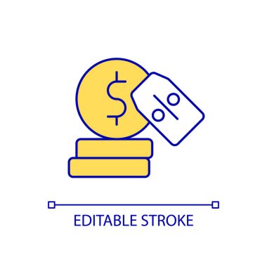 Nakit indirimli RGB renk simgesi. Fiyat indirimi ve düşüş. Zenginlik ve bütçe. Altın sikkeler. Satın alma. İzole vektör çizimi. Basit bir çizgi çizimi. Düzenlenebilir felç. Kullanılan Arial yazı tipi
