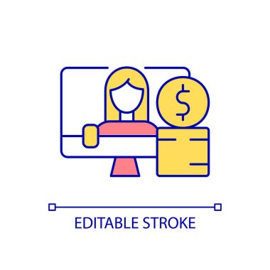 Video blogcusu RGB renk simgesi için finansal destek. Seyircilerden bağış. Ödeme ve sponsorluk. İzole vektör çizimi. Basit bir çizgi çizimi. Düzenlenebilir felç. Kullanılan Arial yazı tipi