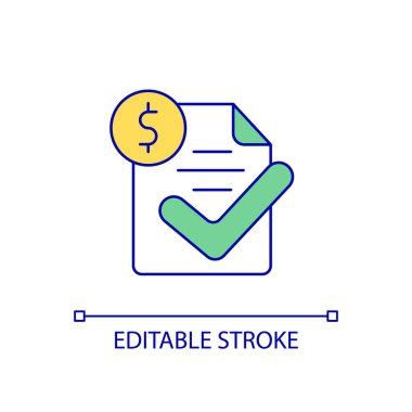 Onaylanmış ödeme RGB renk simgesi. Elektronik fatura. Dijital alım kabul edildi. İnternetten alıyorum. İzole vektör çizimi. Basit bir çizgi çizimi. Düzenlenebilir felç. Kullanılan Arial yazı tipi