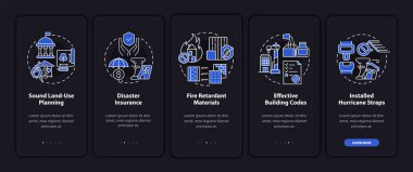 Felaket azaltma, mobil uygulama ekranında gece modunu içeriyor. Çizgisel kavramları olan 5 adım grafik talimatları sayfalarını incele. UI, UX, GUI şablonu. Kullanılan sayısız Pro-Kalın, Düzenli yazı tipleri
