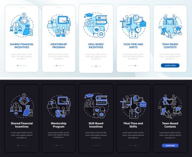 Ekip çalışması, mobil uygulama ekranında gece gündüz teşvikleri sağlar. İpuçları, doğrusal kavramlarla dolu 5 adımlık grafik talimatları inceliyor. UI, UX, GUI şablonu. Kullanılan sayısız Pro-Kalın, Düzenli yazı tipleri