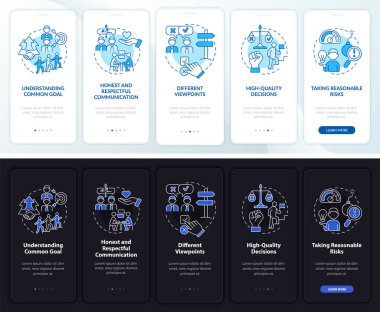 Mobil uygulama ekranında gece gündüz takım çalışması ipuçları veriyor. Şirket 5 basamaklı grafiksel talimatlar sayfalarında doğrusal kavramlarla yürüyor. UI, UX, GUI şablonu. Kullanılan sayısız Pro-Kalın, Düzenli yazı tipleri
