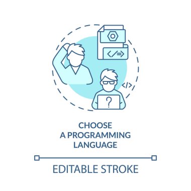 Bir programlama dili turkuaz konsept simgesi seçin. Yazılım kodlama soyut fikir ince çizgi çizimi. İzole bir taslak çizim. Düzenlenebilir felç. Kullanılan Roboto-Orta, Myriad Pro-Kalın yazı tipleri