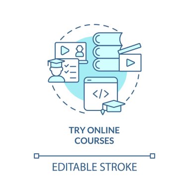 Çevrimiçi kursları deneyin turkuaz konsept simgesi. E öğreniyor. Programlama dersleri soyut fikir ince çizgi çizimi. İzole bir taslak çizim. Düzenlenebilir felç. Kullanılan Roboto-Orta, Myriad Pro-Kalın yazı tipleri