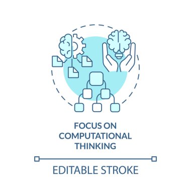 Bilgisayarsal düşünme turkuaz konsept ikonuna odaklan. Soyut fikir ince çizgi çizimi programlanıyor. İzole bir taslak çizim. Düzenlenebilir felç. Kullanılan Roboto-Orta, Myriad Pro-Kalın yazı tipleri