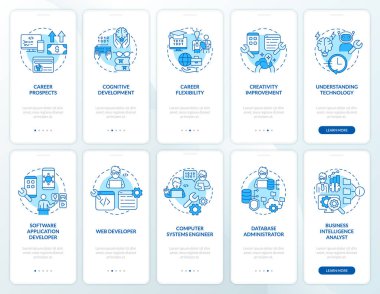 Kodlama mavi kavramları mobil uygulama ekran setinde. Yönetici 5 aşamalı grafik talimatı sayfaları doğrusal kavramlarla birlikte yürür. UI, UX, GUI şablonu. Kullanılan sayısız Pro-Kalın, Düzenli yazı tipleri