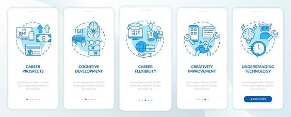 Proč Naučit Kódovat Modrý Onboarding Mobilní App Obrazovce Coder Procházka — Stockový vektor