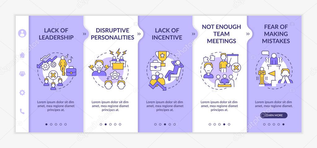 Teamwork fail reasons purple and white onboarding template. Non productive work. Responsive mobile website with linear concept icons. Web page walkthrough 5 step screens. Lato-Bold, Regular fonts used