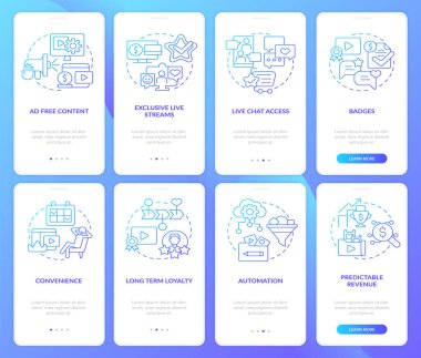 Abonelik, mobil uygulama ekranında mavi gradyan avantajlı. Doğrusal kavramlarla dolu dört adımda grafik talimatları uygula. UI, UX, GUI şablonu. Kullanılan sayısız Pro-Kalın, Düzenli yazı tipleri