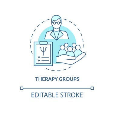 Terapi grupları turkuaz konsept ikonu. Danışman psikolog ince çizgi çiziminde soyut fikirlere yardımcı olur. İzole bir taslak çizim. Düzenlenebilir felç. Kullanılan Roboto-Orta, Myriad Pro-Kalın yazı tipleri
