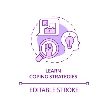 Mor konsept ikonu ile başa çıkmayı öğren. Bireysel terapi soyut fikir ince çizgi çizimi. İzole bir taslak çizim. Düzenlenebilir felç. Kullanılan Roboto-Orta, Myriad Pro-Kalın yazı tipleri