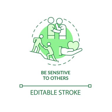 Diğerlerine karşı duyarlı ol yeşil konsept simgesi. Arkadaşlık kurmak soyut bir fikir, ince çizgiler çizmek. İzole bir taslak çizim. Düzenlenebilir felç. Kullanılan Roboto-Orta, Myriad Pro-Kalın yazı tipleri