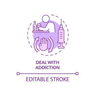 Bağımlılık mor konsept ikonu ile uğraş. Kötü alışkanlıklarla başa çıkmak soyut fikir ince çizgi çizimi. İzole bir taslak çizim. Düzenlenebilir felç. Kullanılan Roboto-Orta, Myriad Pro-Kalın yazı tipleri