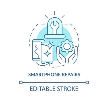 Akıllı telefon tamir konsepti ikonu. Taşınabilir cihaz. Hizmet tipi soyut fikir ince çizgi çizimi. İzole bir taslak çizim. Düzenlenebilir felç. Kullanılan Roboto-Orta, Myriad Pro-Kalın yazı tipleri