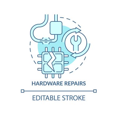 Donanım onarım turkuaz konsept simgesi. Fiziksel çöküntü. Onarım tipi soyut fikir ince çizgi çizimi. İzole bir taslak çizim. Düzenlenebilir felç. Kullanılan Roboto-Orta, Myriad Pro-Kalın yazı tipleri