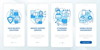 Mobil uygulama ekranındaki iş mavisi için bilgisayar hizmetleri. Doğrusal kavramlarla dolu dört adımda grafik talimatları uygula. UI, UX, GUI şablonu. Kullanılan sayısız Pro-Kalın, Düzenli yazı tipleri