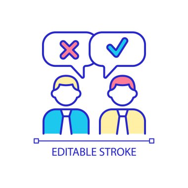 Farklı bakış açıları RGB renk simgesi. Açık ve saygılı bir iletişim. Takım çalışması ve ortaklık. İzole vektör çizimi. Basit bir çizgi çizimi. Düzenlenebilir felç. Kullanılan Arial yazı tipi