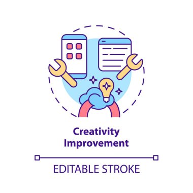 Yaratıcılık geliştirme konsepti ikonu. Programlama işinin faydaları. Soyut fikri kodlamak ince çizgi çizimi. İzole bir taslak çizim. Düzenlenebilir felç. Kullanılan Roboto-Orta, Myriad Pro-Kalın yazı tipleri