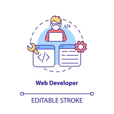 Web geliştiricisi konsepti simgesi. Web sitesi programcısı işi. Soyut fikri kodlamak ince çizgi çizimi. İzole bir taslak çizim. Düzenlenebilir felç. Kullanılan Roboto-Orta, Myriad Pro-Kalın yazı tipleri