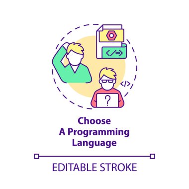 Bir programlama dili konsepti simgesi seçin. Yazılım geliştirme. Soyut fikri kodlamak ince çizgi çizimi. İzole bir taslak çizim. Düzenlenebilir felç. Kullanılan Roboto-Orta, Myriad Pro-Kalın yazı tipleri